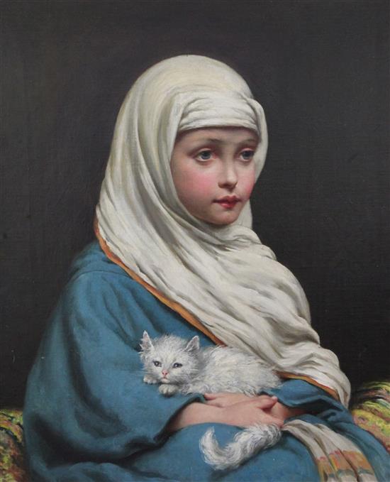 19th century French School Portrait of a girl wearing a headscarf holding a white kitten 24 x 20in.